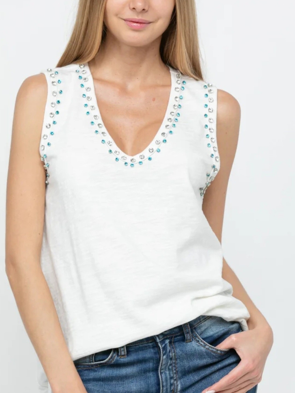 Vocal White V-Neck Tank Top with Aqua and Clear Bead Trim